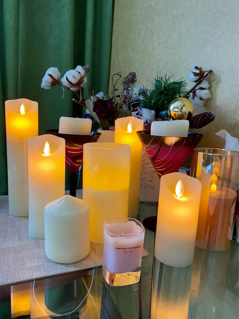 Set of 4 Rechargeable Led candle 5.3CM(Dia.) Pillar Paraffin wax Wavy edge Moving wick Wedding Xmas Party Table Decoration-Amber