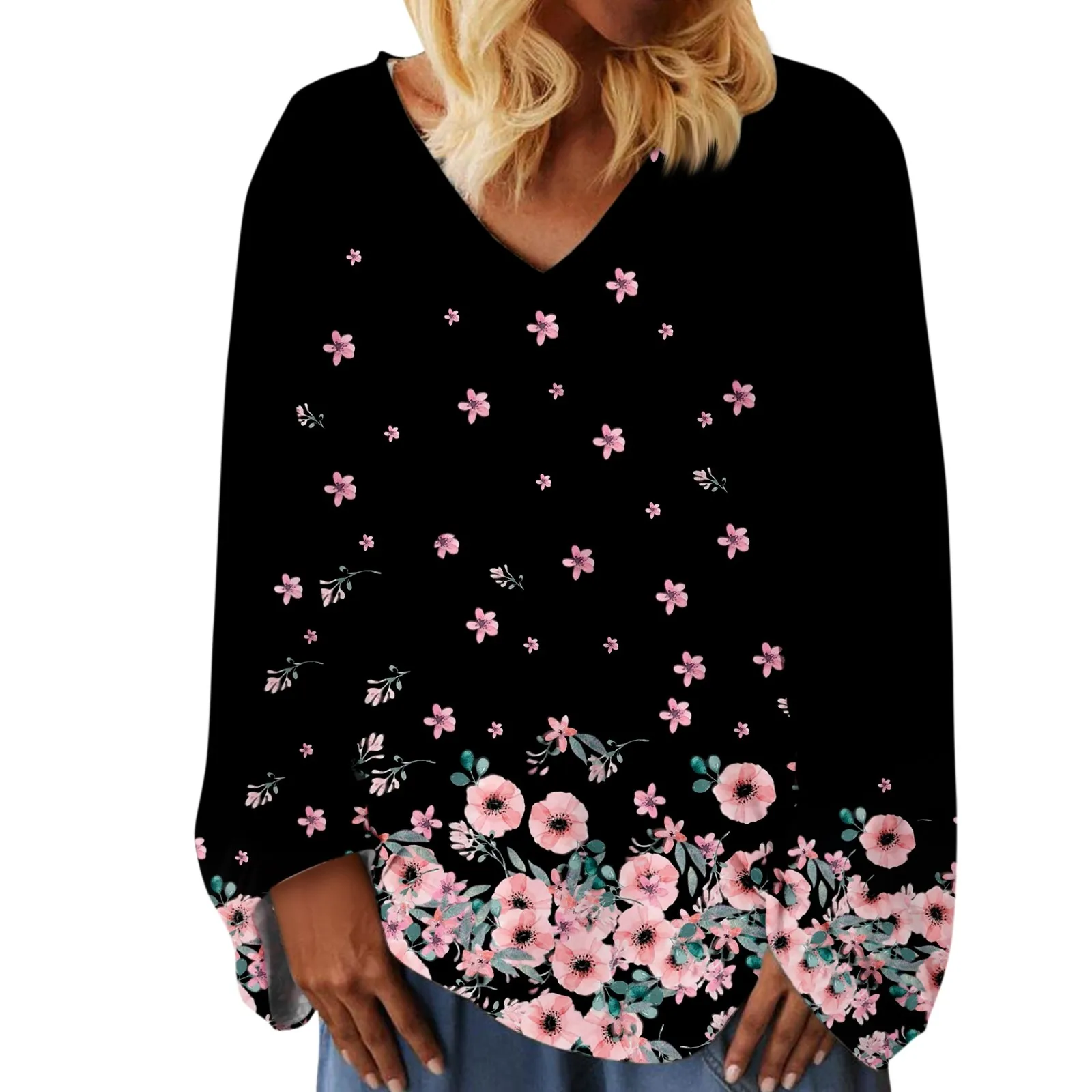 

Женские топы большого размера, модная футболка с цветочным принтом и V-образным вырезом, свободные пуловеры с длинным рукавом, свободные топы с прямыми рукавами для женщин