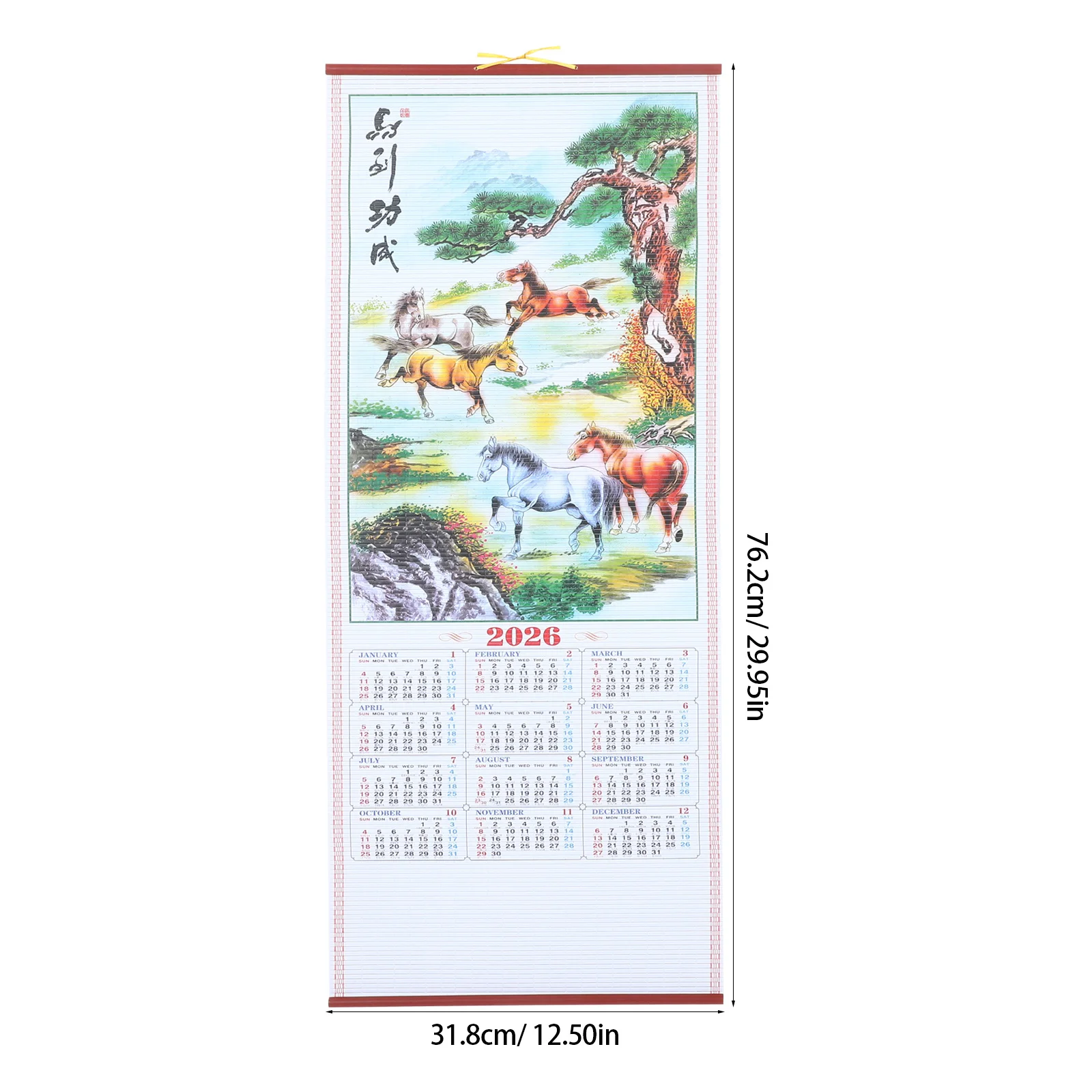 2026 Horse Year Calendar Faux Rattan Hanging Scroll Traditional Chinese Lunar Wall Calendar for Office Living Room Decoration