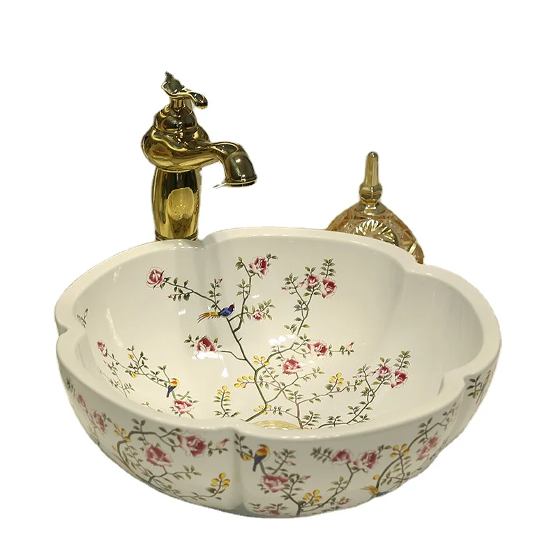 จีน Porcelain มือวาด Art อ่างล้างหน้าโบราณห้องน้ําอ่างล้างจานสีขาวดอกไม้รูปแบบนกเซรามิคอ่างล้างหน้า 1