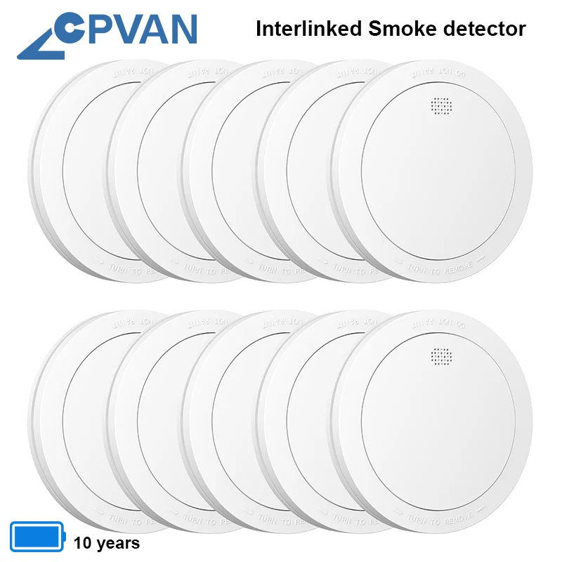 Cpvan เครื่องตรวจจับควันไฟแบบเชื่อมต่อกัน, เครื่องตรวจจับควันไฟแบตเตอรี่ EN14604ป้องกันความปลอดภัยในบ้านสัญญาณเตือนภัยแบบไร้สาย 1