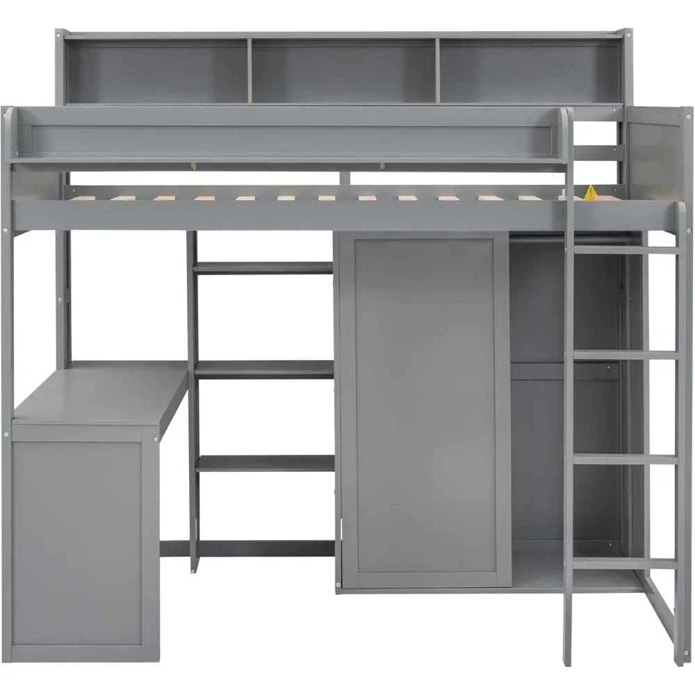 Bunk Beds Twin Loft Bed, Desk & Wardrobe, Solid Wood Loft Bed with Desk and Multiple Shelves, High Loft Bed Frame with Bookcase 6