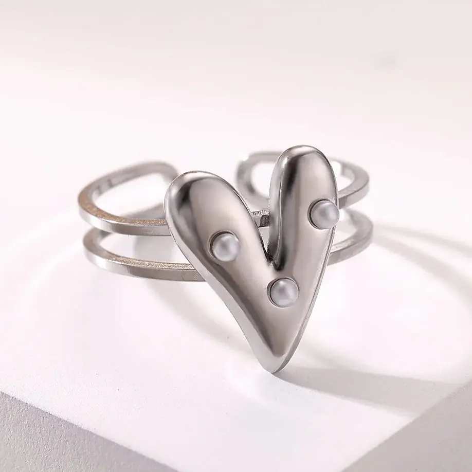 Pearl Heart Ring 18K Gold Plated Stainless Steel Adjustable Jewelry Gift