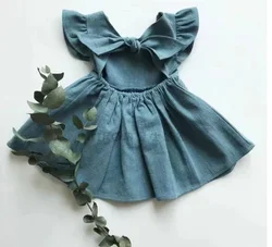 Summer Infant Girls Cotton Linen Princess Party Dress - 4T (Royal blue)