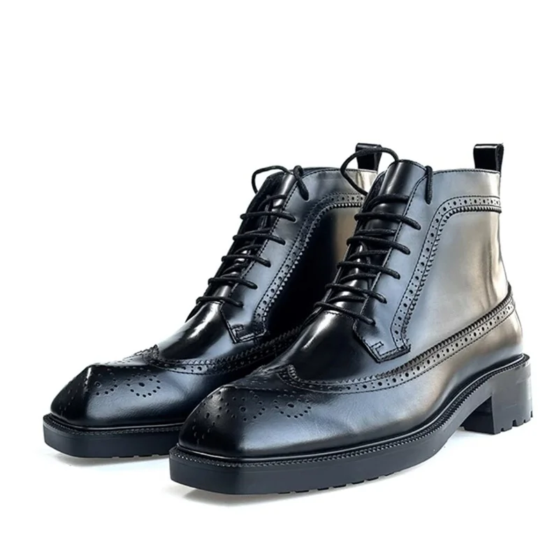 

Luxury Design Men's Motocycle Boots Genuine Leather Brogue Shoes British Style Lace Up Ankle Boots Botines Hombre 2A