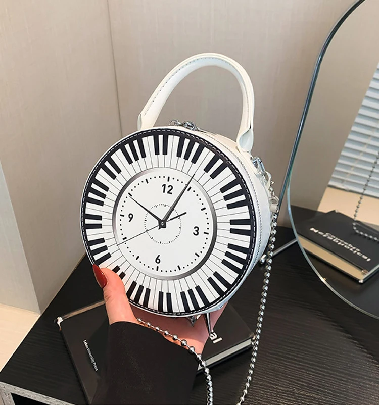 STUOARTE Women's Round Shoulder Bag - Vintage Clock & Rose Design, PU Leather Crossbody Clutch Purse (White)