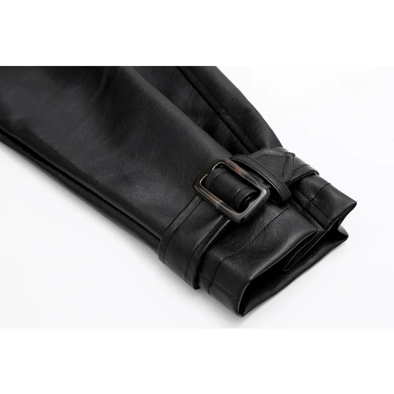 PU Leather Mid-Length Lace-up Trench Coat for Women, Motorcycle Clothing, Korean Style, Tight Waist, Casual Outwear, Autumn, New