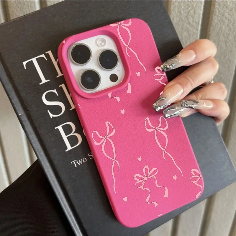 Cherry Cute Bow Shockproof Lichee Pattern Soft Phone Case Cover