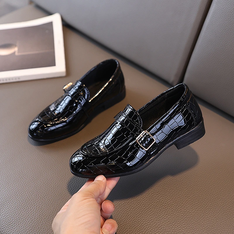 Black Leather Kids Loafers Shoes for School Uniform