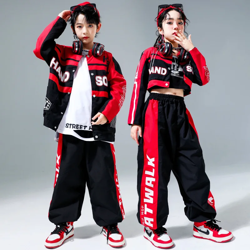 

Hip Hop Boys Motorcycle Contrast Jacket Cargo Pants Girls Baseball Cropped Coat Streetwear Kids Jazz Street Dance Clothes Sets