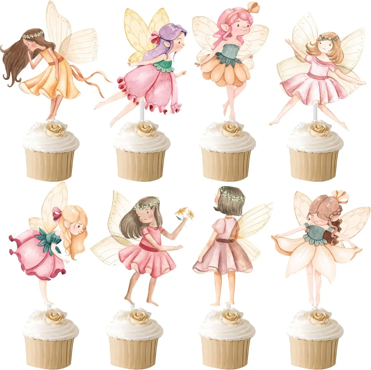24PCS Fairy Cupcake Toppers Fairies Party Cake Picks Garden Birn Birthday Party Decorations for Elves Theme Baby Shower Supplies