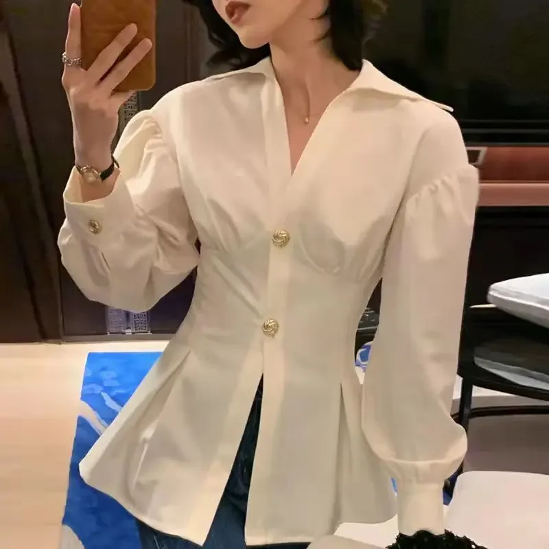 

Vintage Elegant Blouses Women Old Money Aesthetic Lantern Long Sleeve V-neck French Style Tunic Tops Button Up Shirts