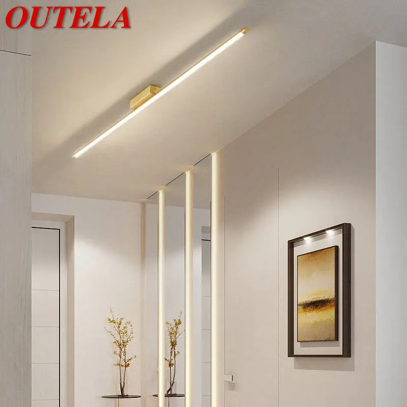 

OUTELA Contemporary Brass Ceiling Light LED Creative Simplicity Long Strip Lamp for Home Cloakroom Porch Aisle Decor