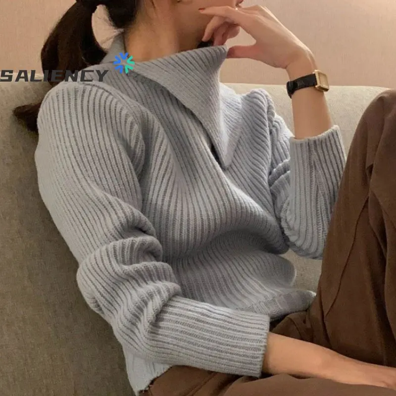 

Корейский Модный осенне-зимний базовый пуловер с лацканами в стиле ретро ленивый ветрозащитный свитер женский вязаный свитер для женщин топы 2023