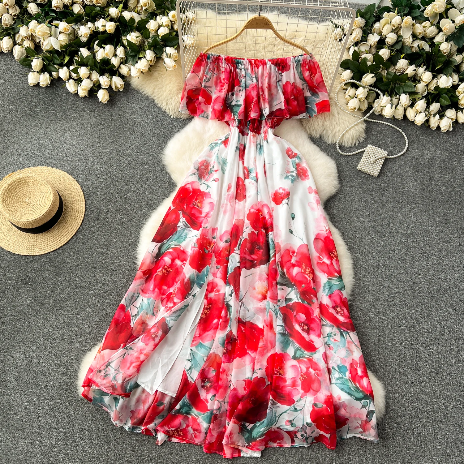 Chic Sexy Off Shoulder Print Ruffle Slash Neck Dress Fairy Print Casual A-line Dress Summer Elegant Beach Vacation Women Dresses