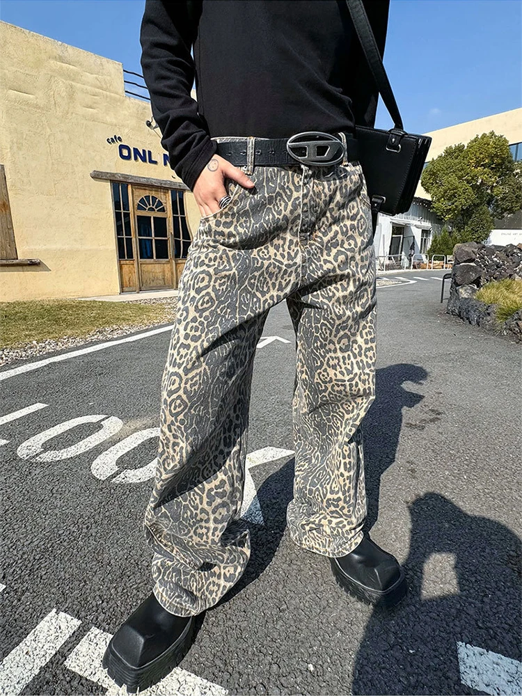 HOUZHOU Leopard Jeans Women Denim Pants Female Oversize Wide Leg Trousers Streetwear Hip Hop Vintage Animal Print Loose Casual