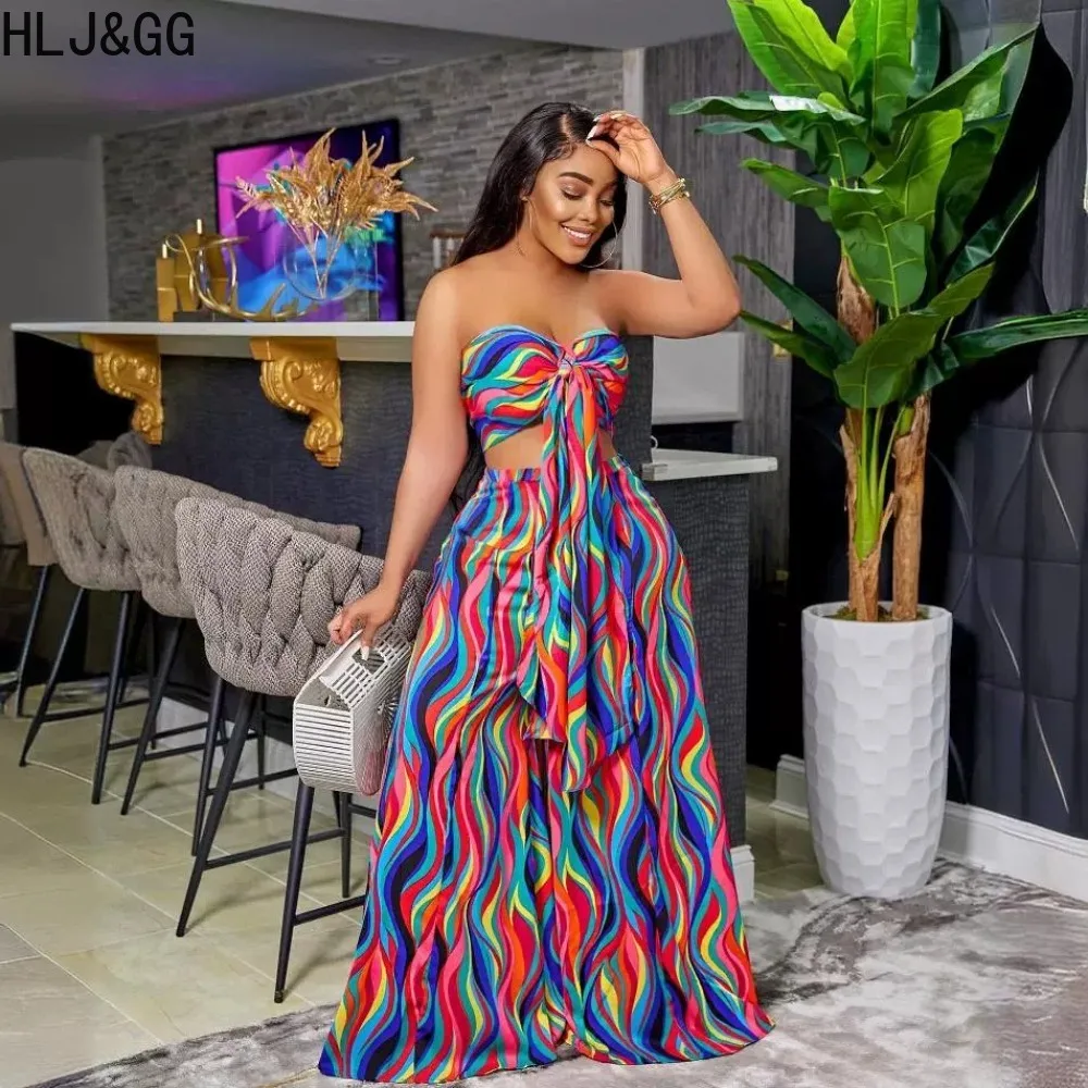 HLJ&GG Summer Colored Stripes Print Wide Leg Pants Two Piece Sets Women Bandage Backless Tube + Pants Outfits Fashion Streetwear