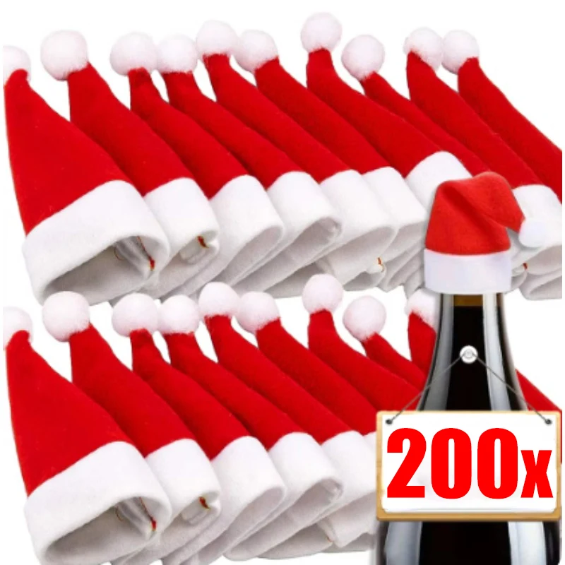 5-200Pcs Mini Santa Hat Non-Woven Fabric Lollipop Cap Christmas Wine Bottle Covers Xmas Bottles Holder Table Dinner Decorations