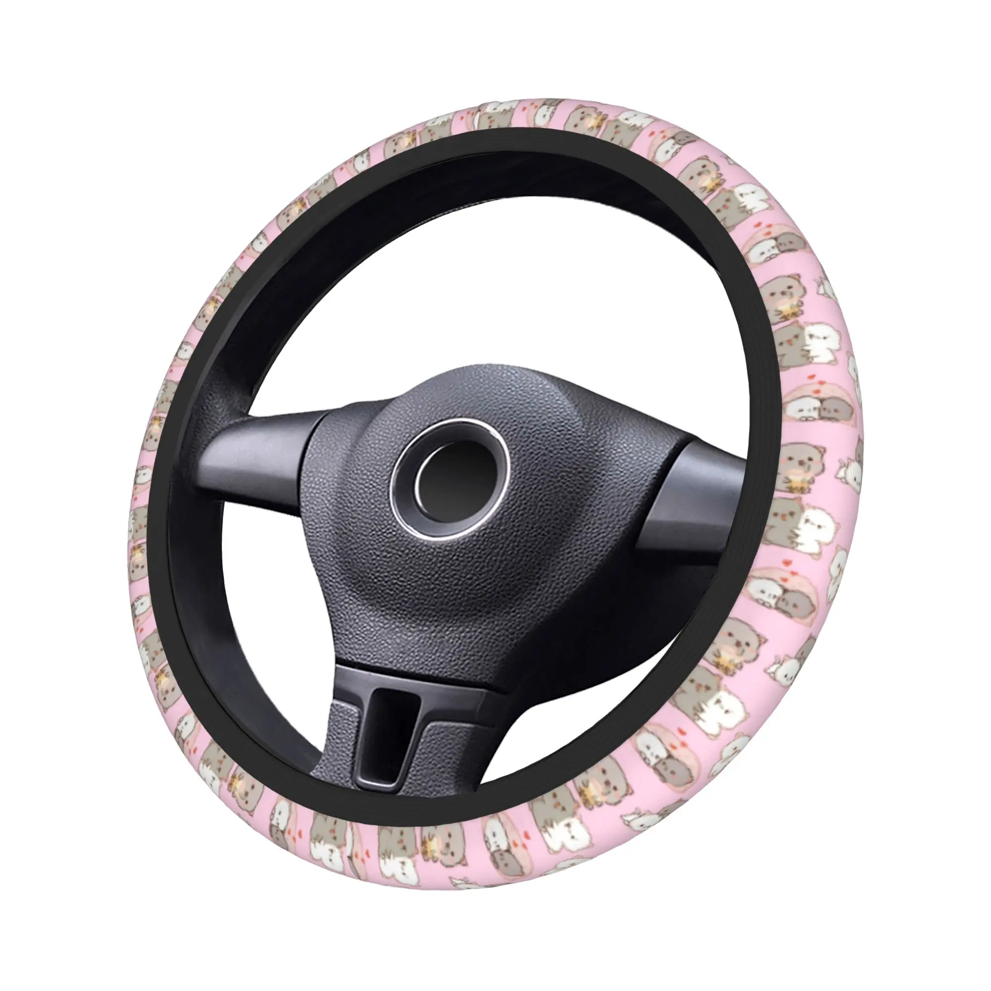 Pink Love Peach & Cartoon Cat Steering Wheel Cover - Auto Car Accessory