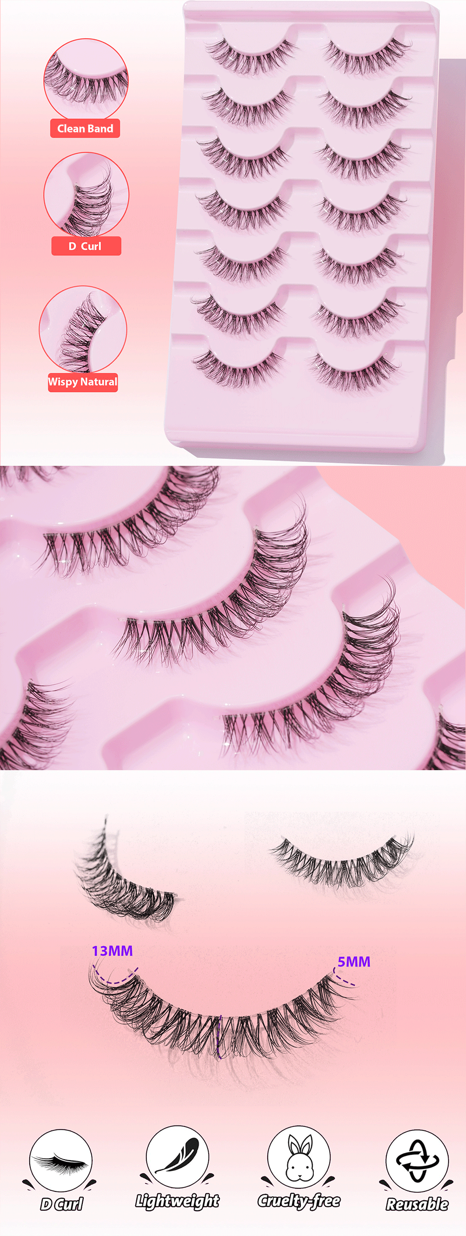 7 Paar natürliche D-förmige, gekreuzte falsche Wimpern mit transparentem Stiel – Detail 2