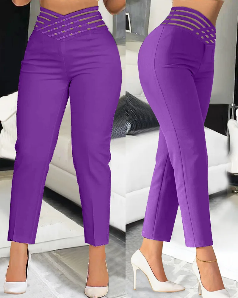 2023 Summer Fashion Pants Women Work Pants Spliced Solid Thin Feet Capris Lady Office Loose Overlap Waist Hollow Out Pants