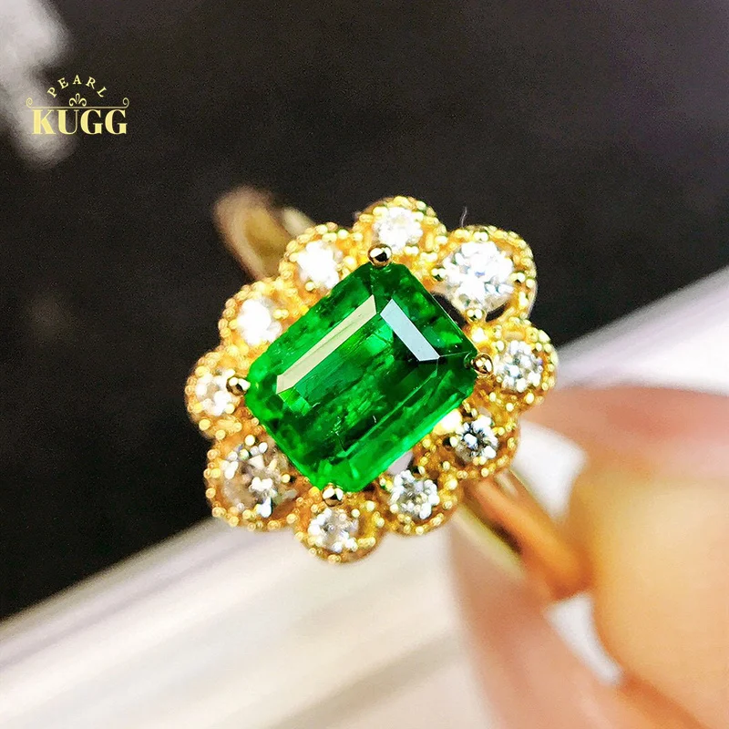 

KUGG 18K Yellow Gold Rings Romantic Flower Design Real Natural Emerald Shiny Diamond Gemstone Engagement Ring for Women Wedding
