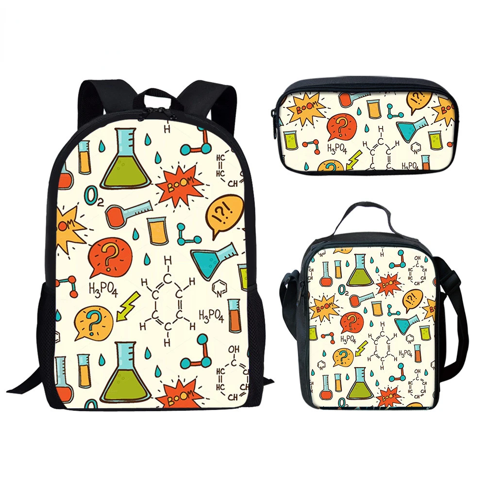 Creative Funny Experiment Print 3Pcs/Set School Bag with Lunch Bag Pencil Bag Teenager Girls Boys Student Campus Casual Backpack