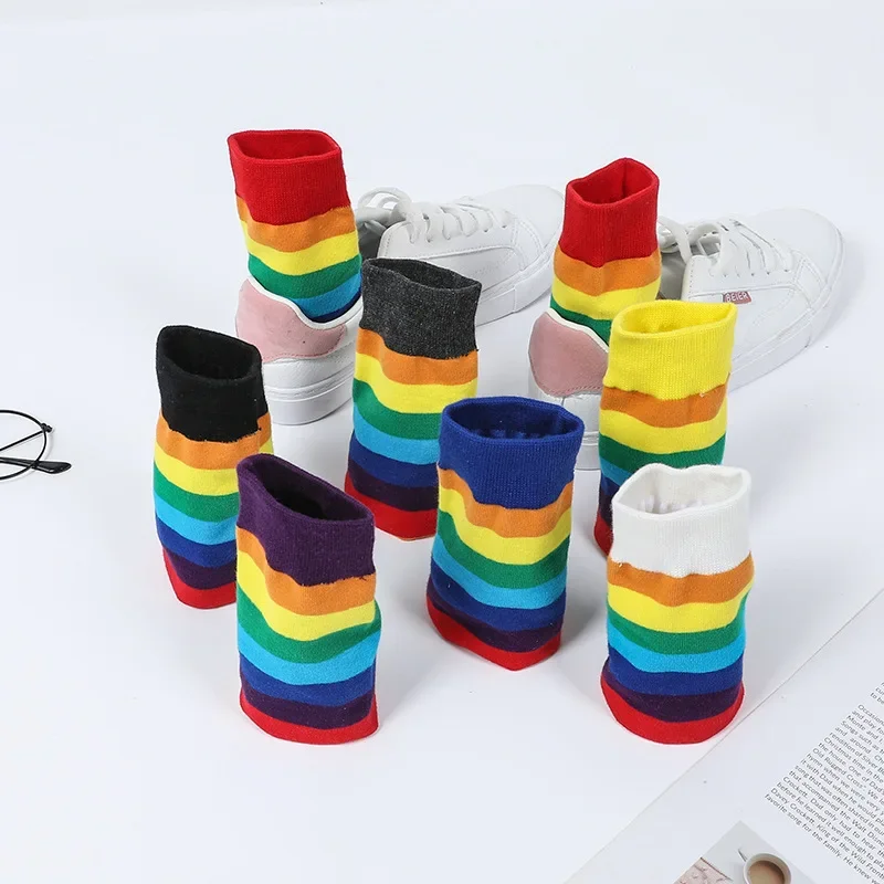 Women Sock Rainbow Striped Elasticity Sweat Long Sock Sporty 1 Pair