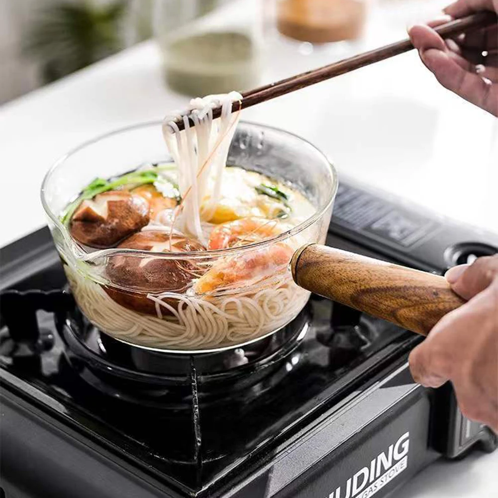 

Glass Cooking Pot Milk Instant Noodle Pot Soup Stock Porridge Pots Wooden Handle Open Flame Heating Kitchen Cookware Clay Pot