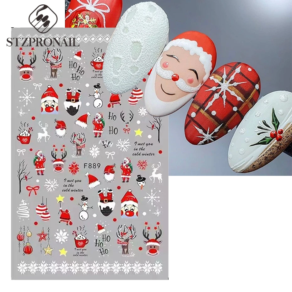 

3D Valentines Nail Art Sticker Red Santa Claus Cute Nails Penguin Holly Snowflake Summer New Year Sliders Manicure Decoration
