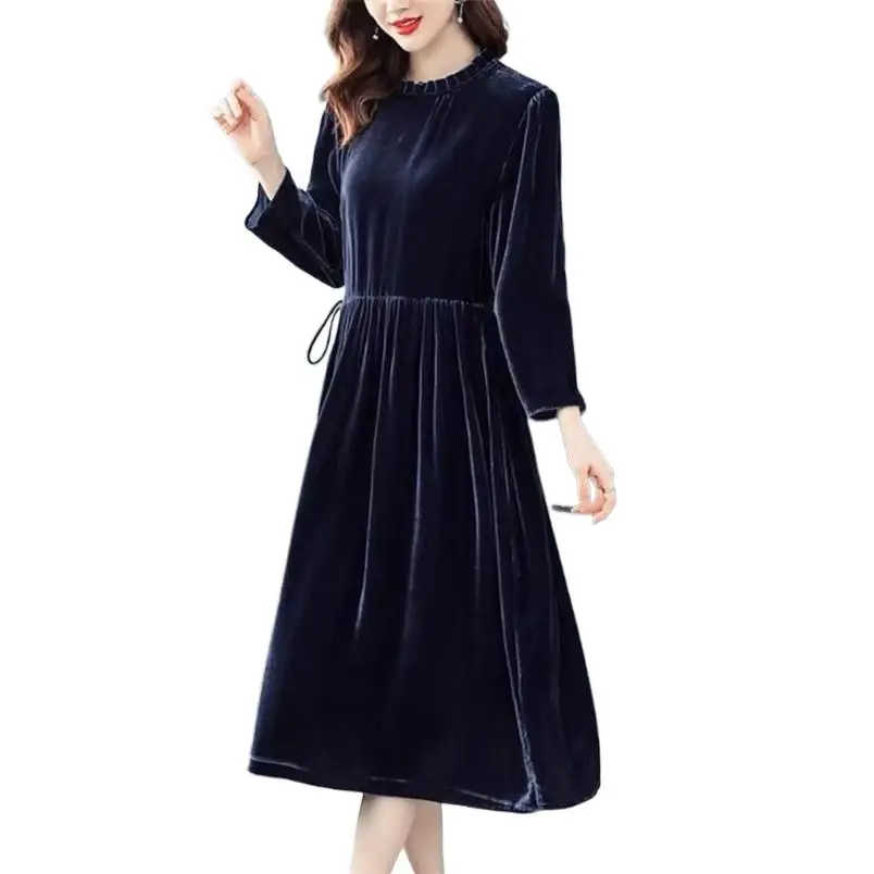 

Женское длинное бархатное платье, свободное облегающее однотонное платье-трапеция в Корейском стиле, Осень-зима 2024