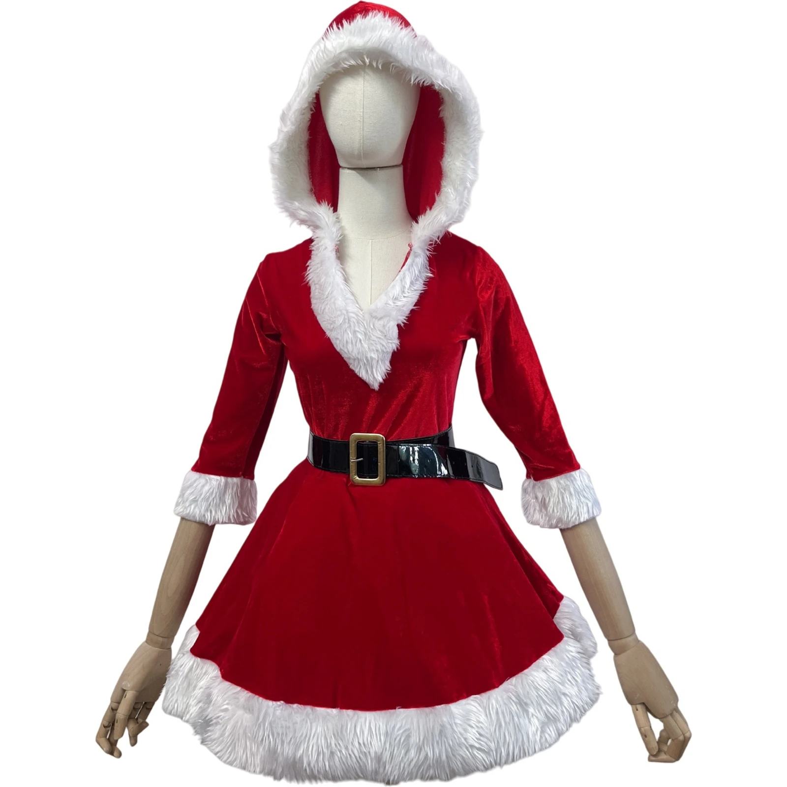 Christmas Cosplay Costumes for Women Green Red Mrs. Santa Claus Dress Belt Santa Hat Holiday Party Clothes Xmas Female Dress