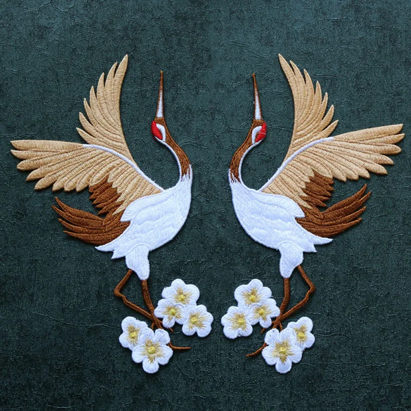 Ahyonnex bestickte Paare Kran Kleidung Applikation auf rot gekrönten Kran Blume Vögel DIY Patches für Stoff nähen