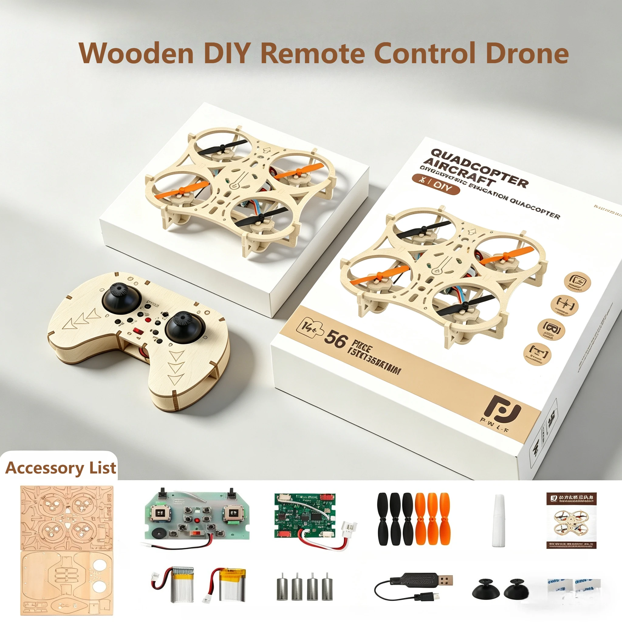 Drone enfant avec caméra HD posé sur une table avec trois batteries et accessoires
