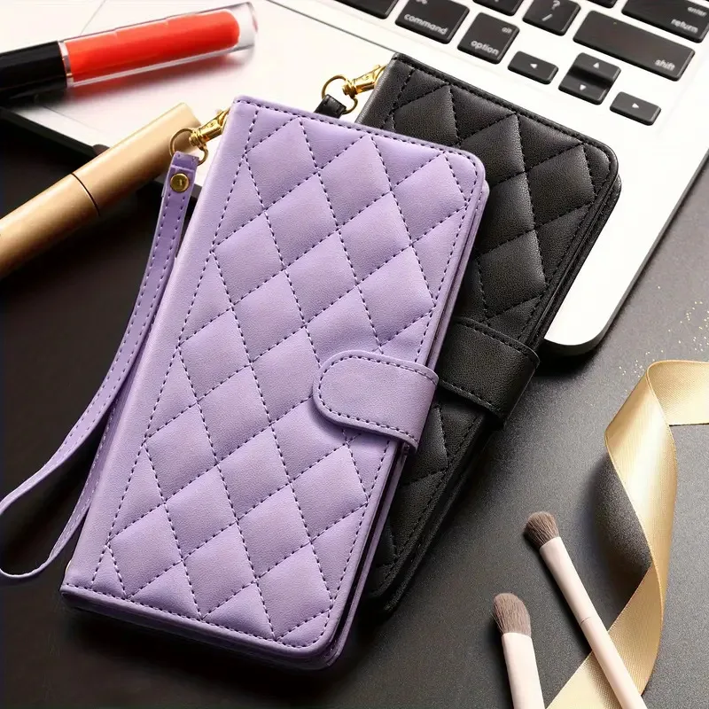 Luxus Kariert Lieder Telefonshülle fir Samsung Galaxy A06 A05 A05S A04 A04S A14 A24 A34 A54 Kaarteslot Lanyard Flip Portemonnaie Cover_voghion.com