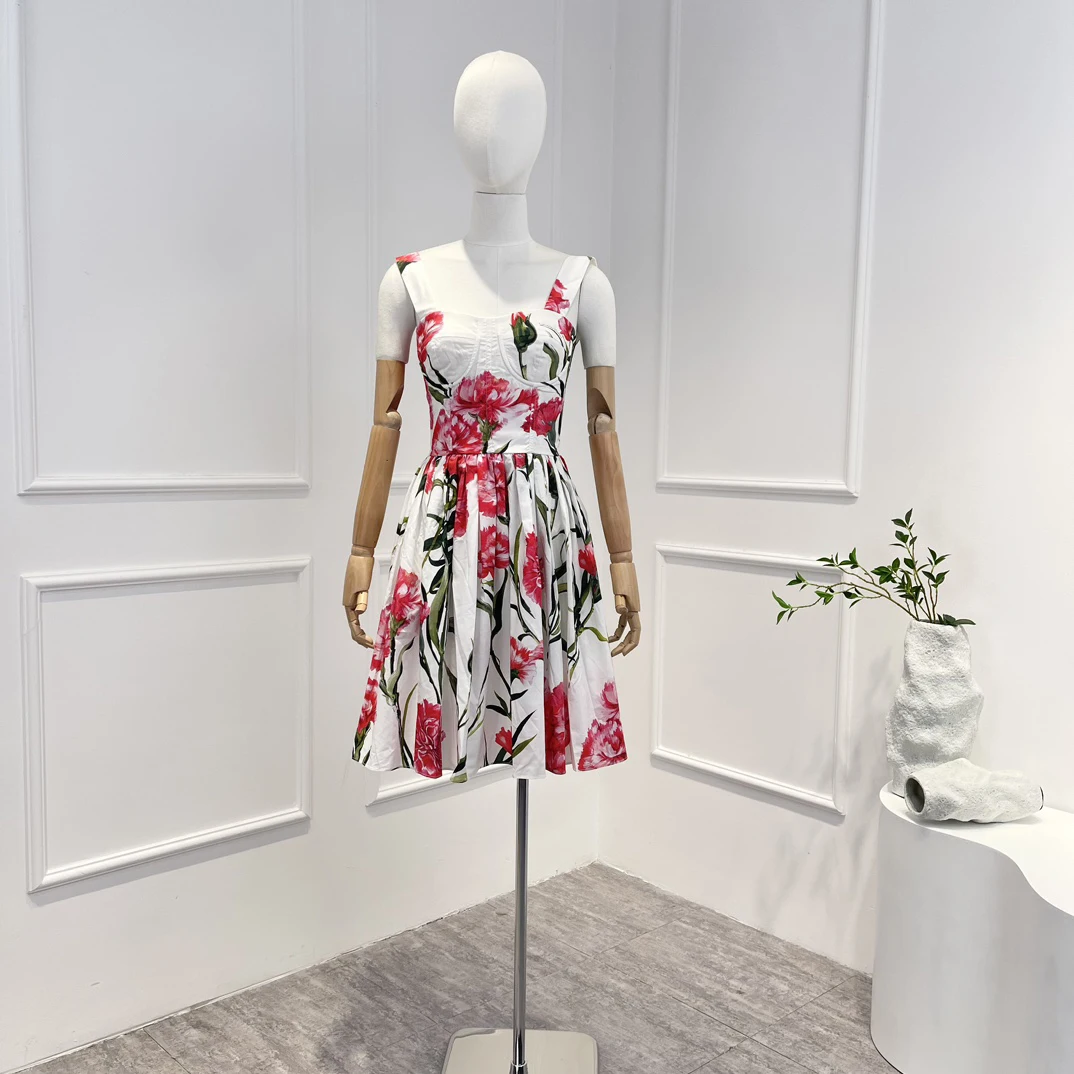 

Top Quality Summer Graceful Floral Printing Sleeveless Backless Women Waist Mini Dress 2023