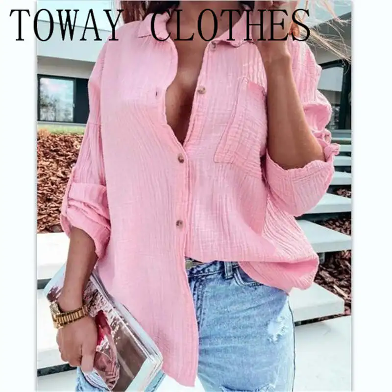 

Leisure Pink Shirts Button Lapel Cardigan Top Lady Loose Long Sleeve Shirt Womens Blouses Autumn Mujer