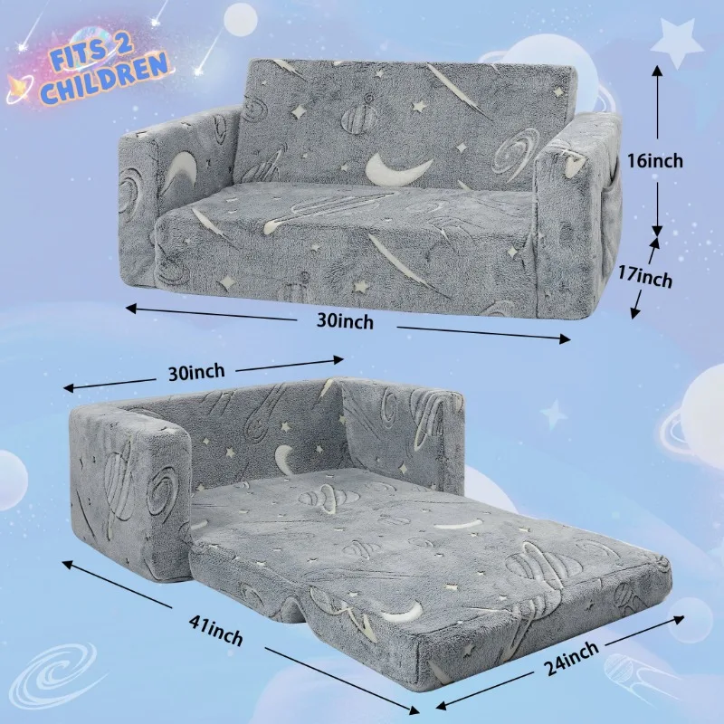 Kids Couch Toddler Chair Kids Sofa Extra Wide Glow in The Dark Baby Convertible Sofa ,Foldable Toddler Bed for Kids Girls Boys 2
