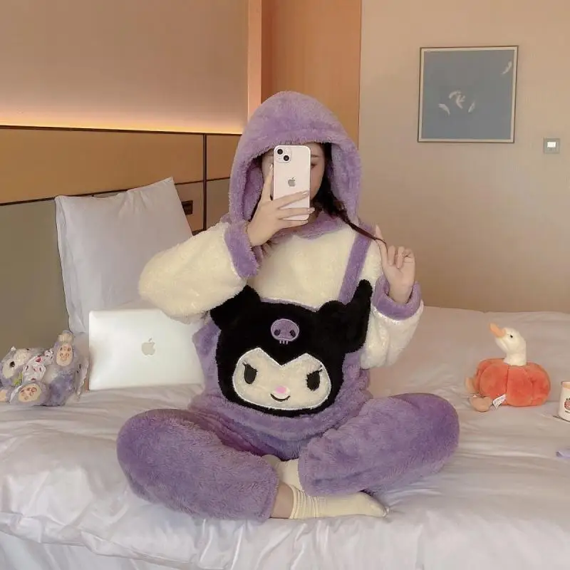 

Cinnamonroll Pajamas Sanrio Woman Kuromi Warm Coral Velvet and Velvet Cartoon Cute Set Autumn and Winter Home Wear