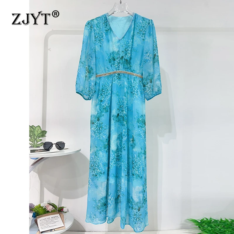 

ZJYT Summer Fashion Print Beading Chiffon Dresses Women 2024 Three Quarter Sleeve V Neck Midi Casual Holiday Dress Blue Vestidos