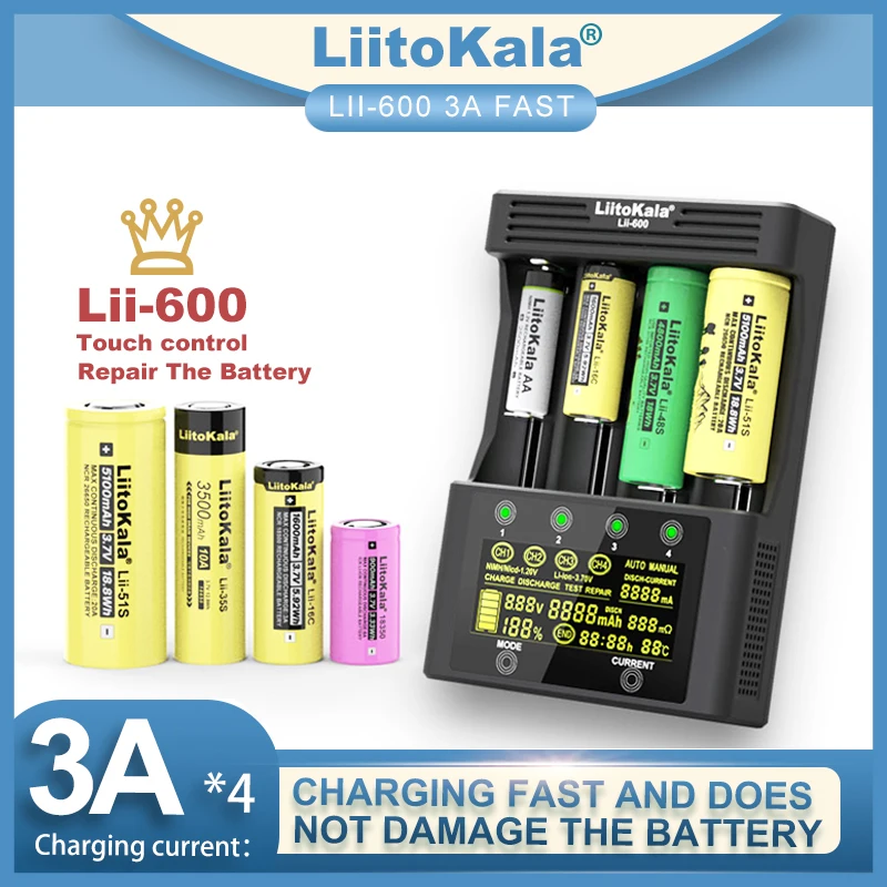 

liitokala lii 600 зарядное устройство 18650 Подходит для аккумулятора 3.7V 18350 18500 16340 21700 20700 26650 1,2V AA NiMH, испытания емкости.