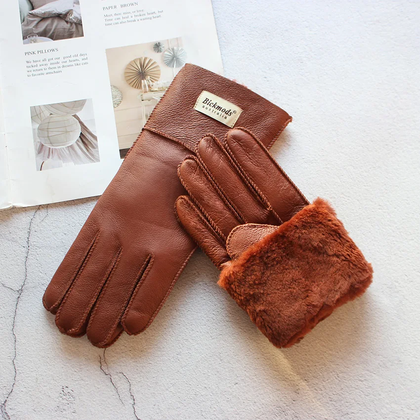Women's Thickened Winter Sheepskin Fur Gloves Windproof Warm Outdoor Motorcycle Riding Color Leather Finger Gloves