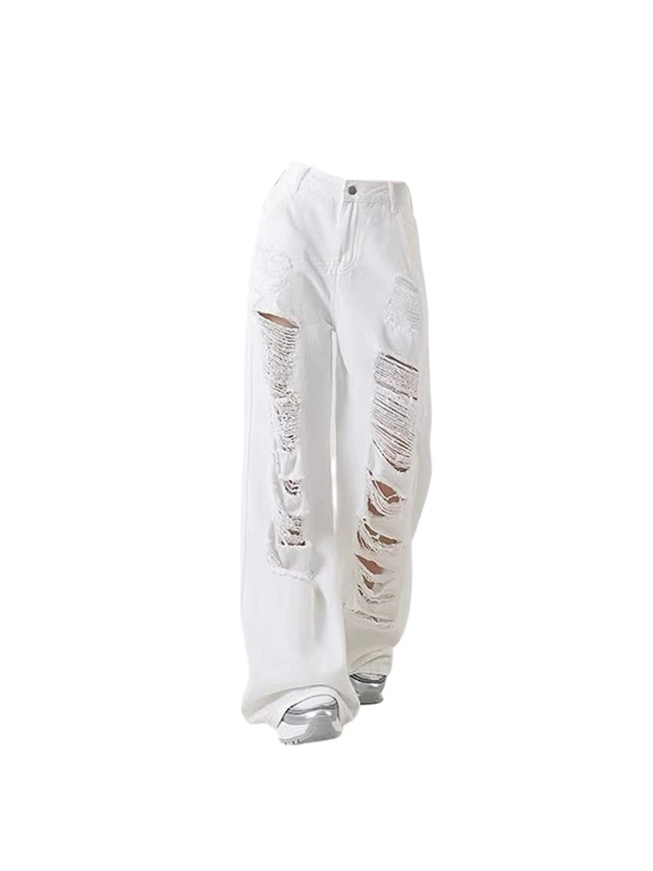 Women's White Baggy Ripped Jeans Vintage Cowboy Pants