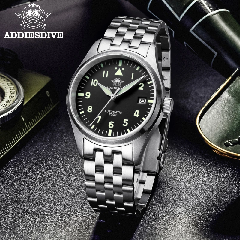 Montre Automatique Homme ADDIESDIVE AD2527 - Mouvement Japonais 8215, étanche 100m, Verre Minéral K1, Bracelet Acier 316L