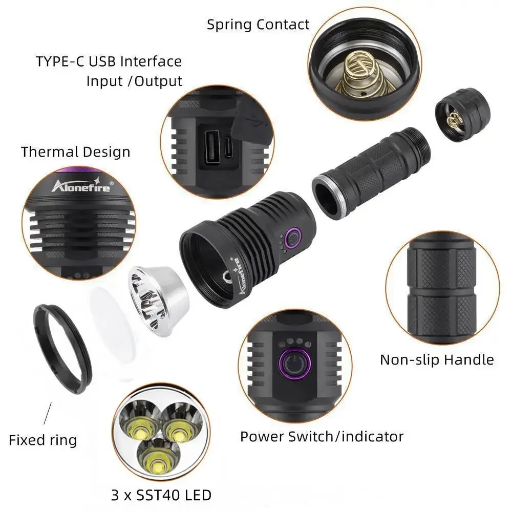 Rechargeable LED Flashlight 60W 3x SST40 5500LM Torch Light