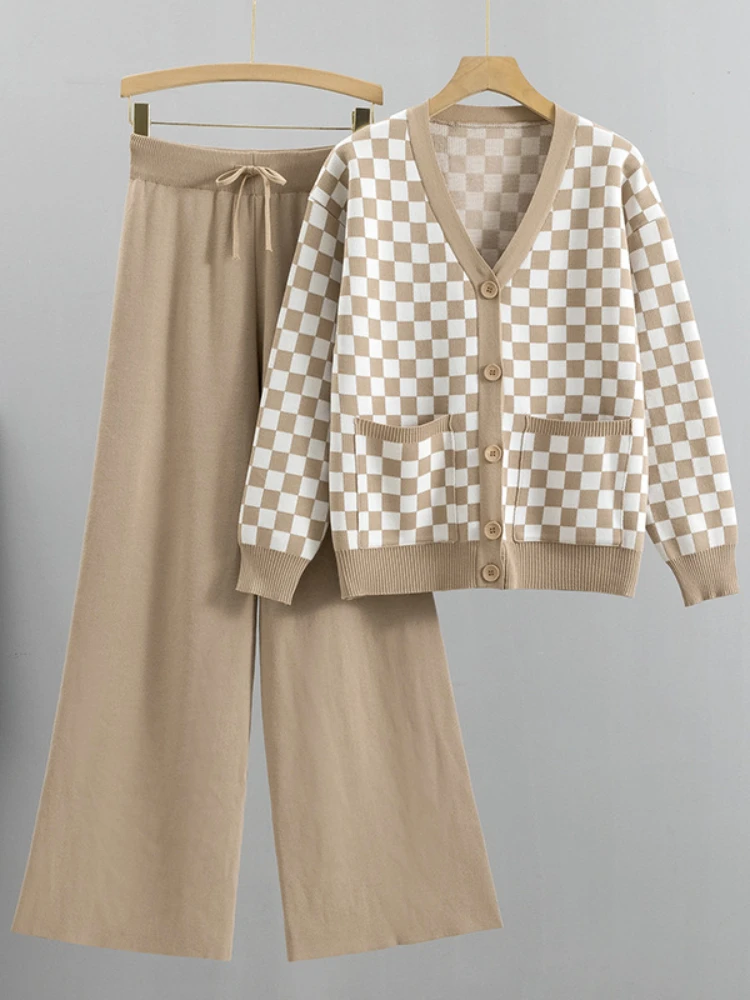 

Sets of Women 2 Pieces Elegant Autumn Temperament V-neck Plaid Knit Cardigan High Waisted Slim Wide Leg Pants Two Piece Set