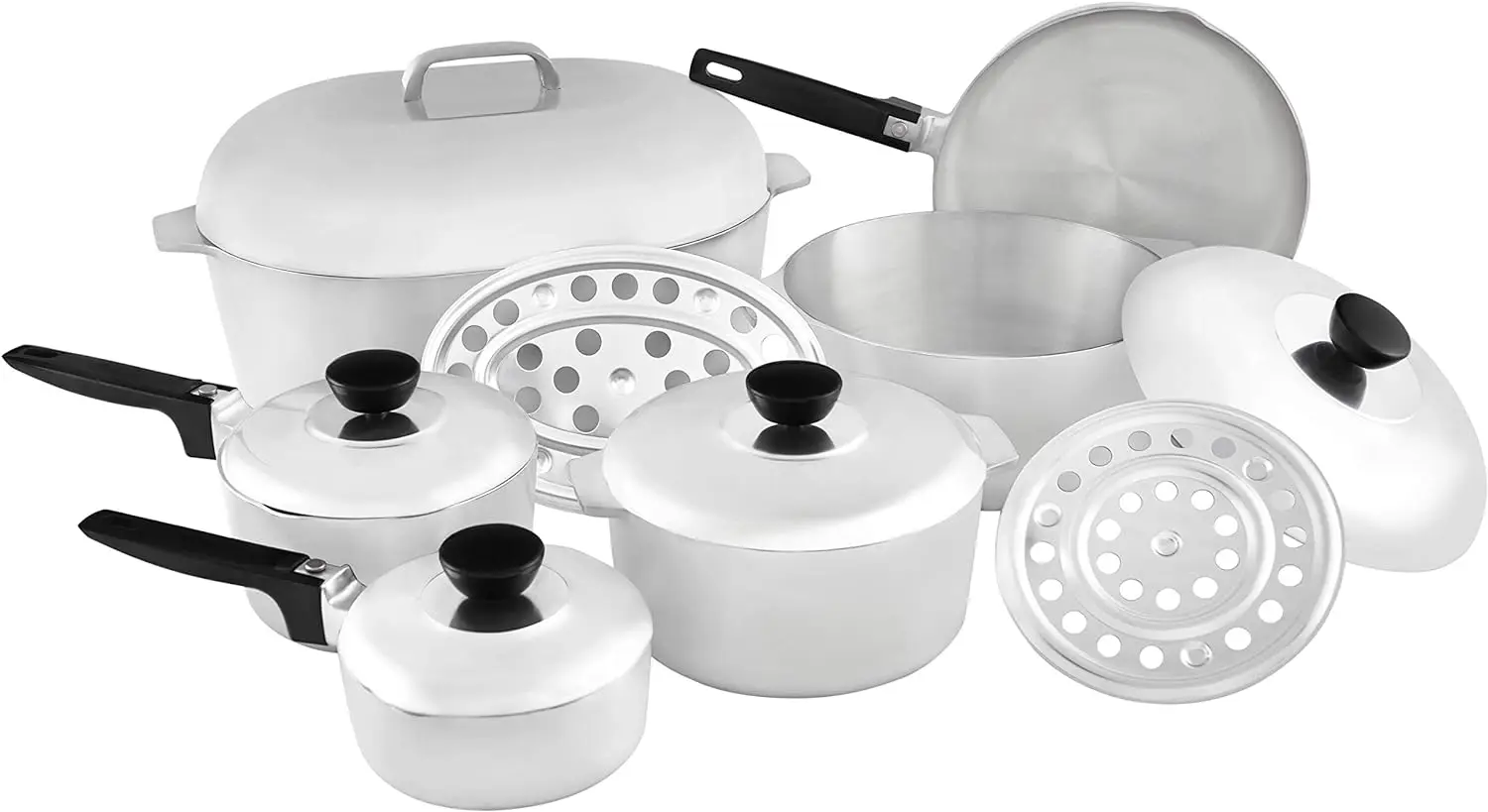 USA Heavy Duty 13-Piece Cast Aluminum Cajun Cookware Set Silver Made of cast aluminum Bakelite handle Natural interior finish