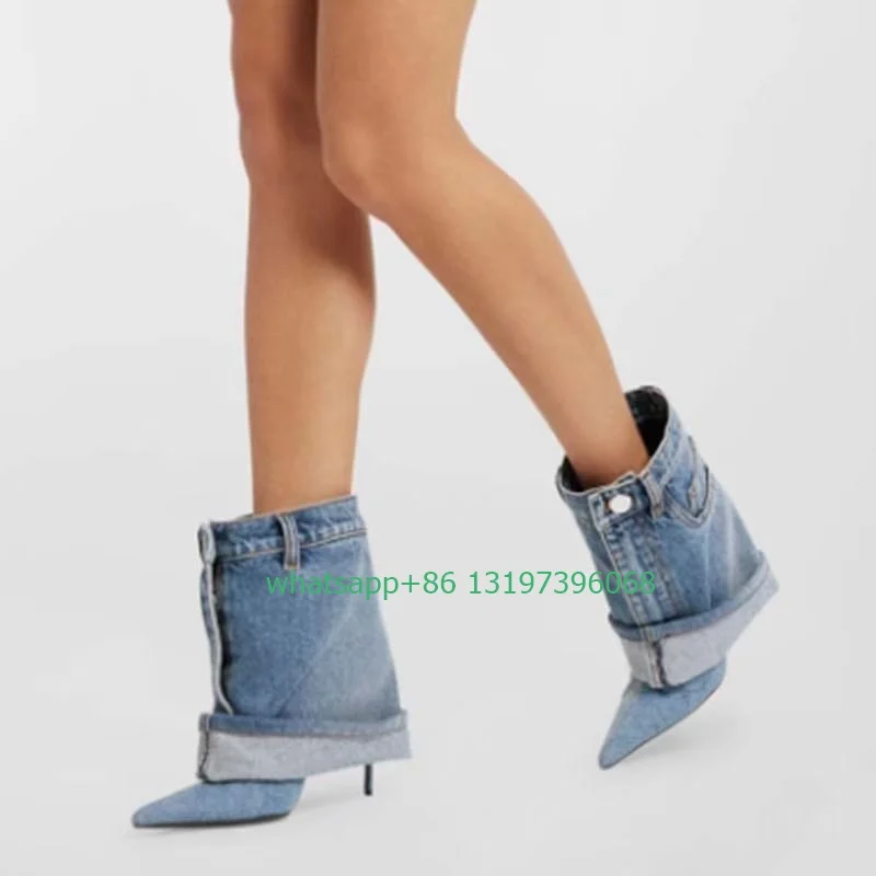 

Lady denim design jeans calf boots pointed toe turn-over design vintage boots blue denim cowboy punk causal boots size 34- 43