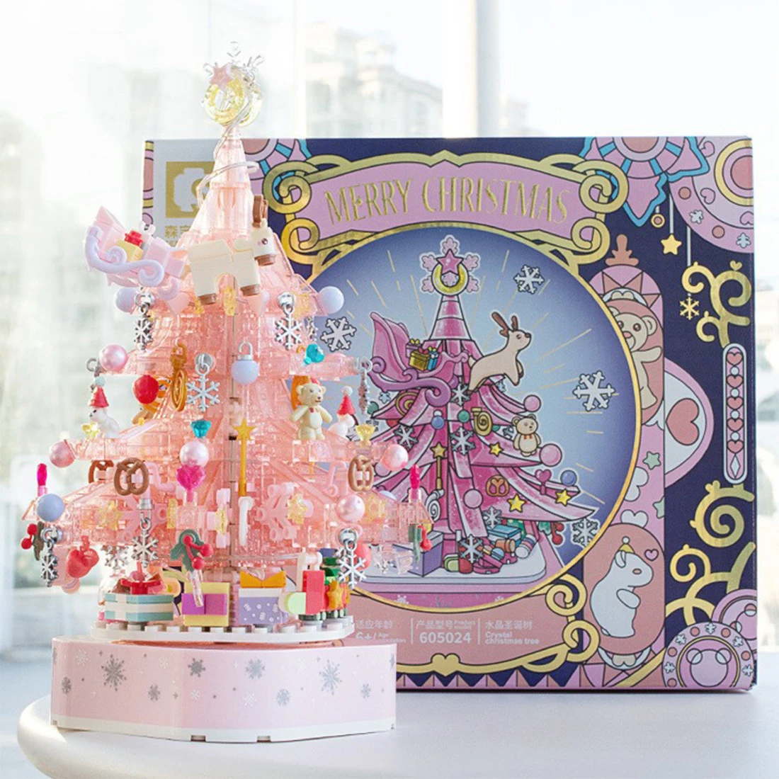 Pink Crystal Christmas Tree Music Box Micro Building Blocks Assembled Christmas Decorations Mini Bricks Toy For Gifts