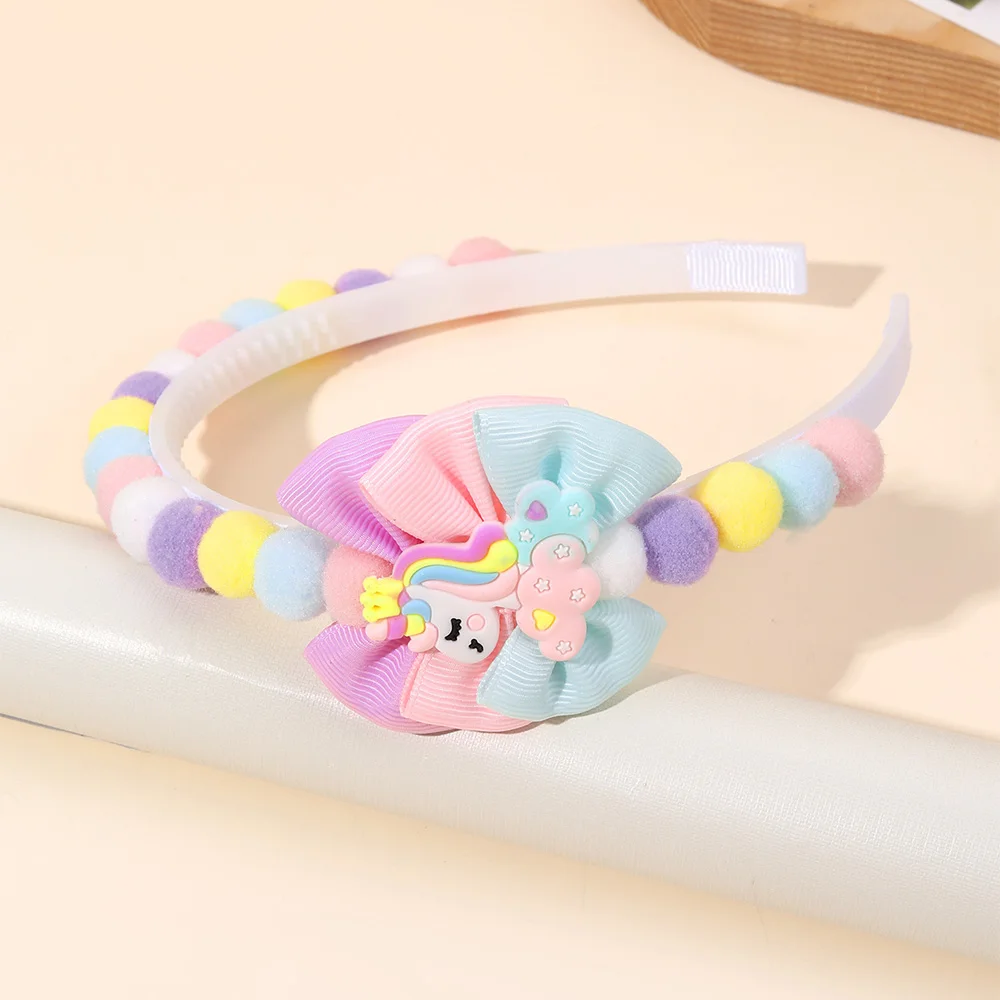 2Pcs Rabbit Fur Ball Headband Cute Rainbow Cartoon Unicorn Bow Hair Bands For Girls Children Kids Diadem Headdress Accessories